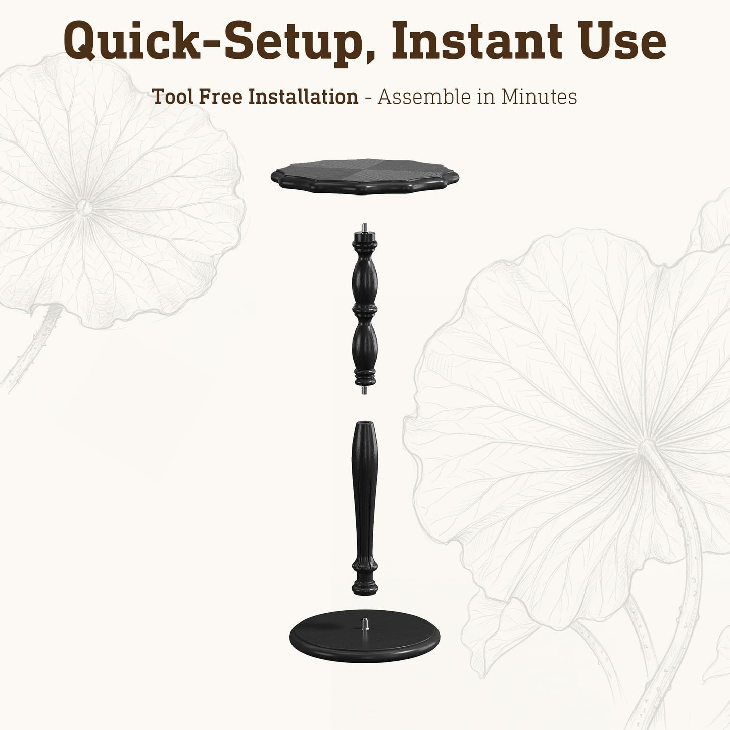 STO'SENSE Black Round Side Table, Drink Table for Small Spaces,Modern Accent Nightstand w/Solid Wood Leg, Mid-Century Pedestal Sofa Table w/Classic Sculpted Design for Living Room,Tool-Free Assembly