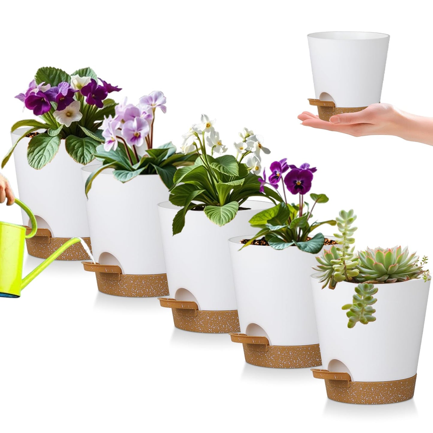 5 Pack 5 inch Self-Watering Pots, African Violets Planter with Drainage Holes and Reservoir, White Brown Plastic Planter for Indoor Outdoor Plants Flowers and Houseplants White Brown, 5 inch 5 pcs