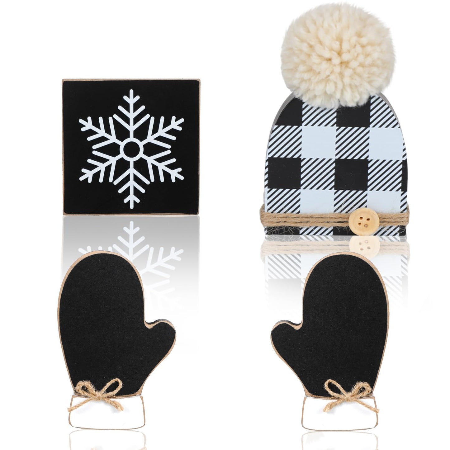 Wenqik 4 Pcs Winter Table Decor Snowflake Gloves Hat Wooden Table Centerpiece Black and White Rustic Farmhouse Wood Tiered Tray Decor Block Sign for Winter Holiday Party Office Shelf Home