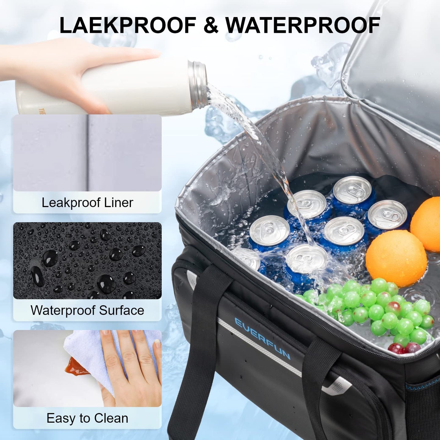EVERFUN Large Soft Cooler Bag Insulated Cooler 48 Can Dual Compartments Collapsible Waterproof Leak-Proof for Camping Travel Beach Picnic, Black