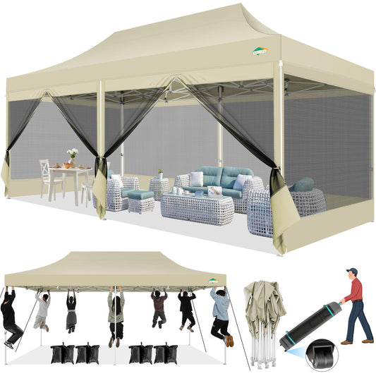 COBIZI 10x20 Canopy Tent with 6 Sidewalls,Heavy Duty Pop up Canopy with Mosquito Netting,Easy up Screen Tent for Parties Wedding Outdoor Patio with Roller Bag,Khaki