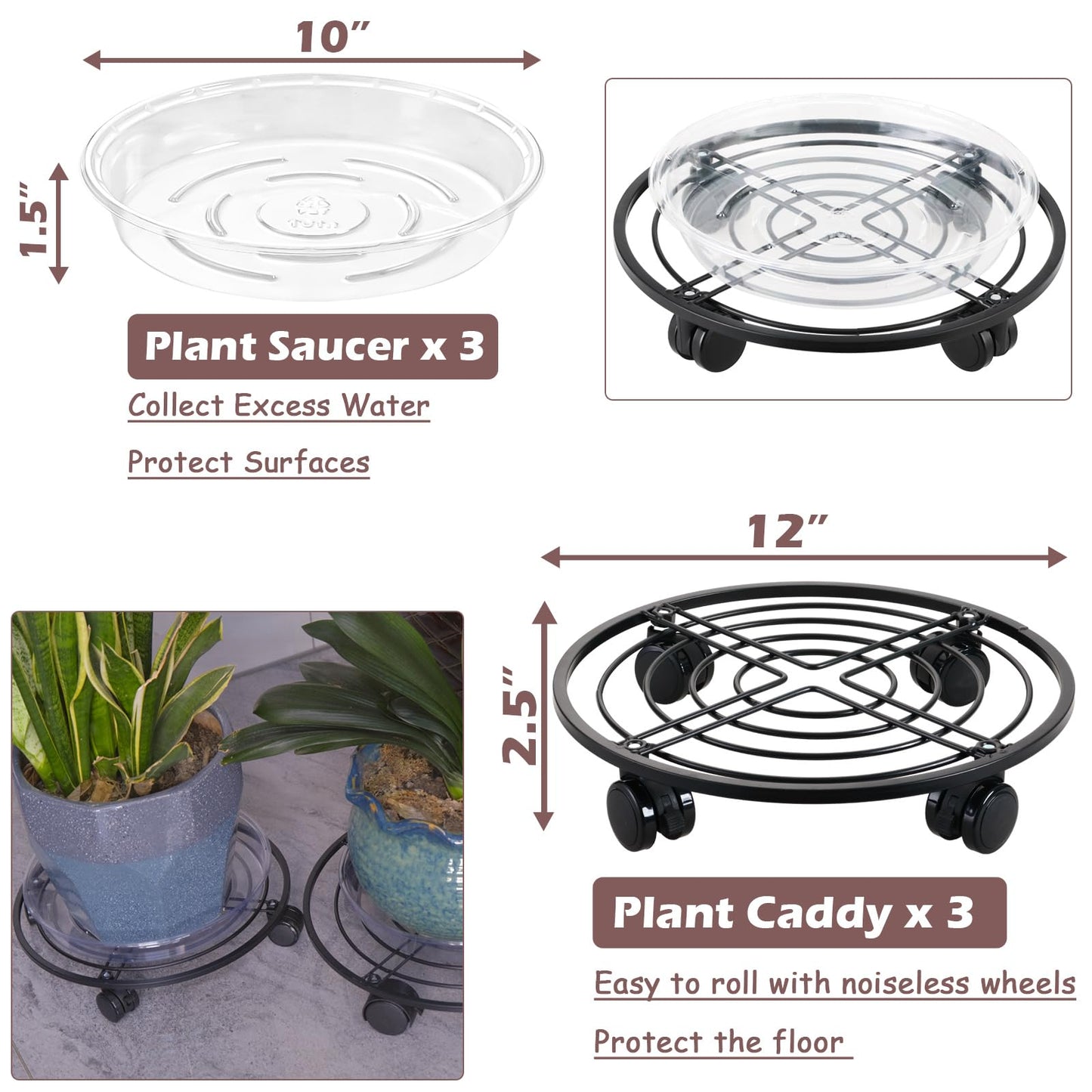 12" Metal Plant Caddy with Wheels 3 Packs Large Rolling Plant Stands Indoor Wheeled Plant Dolly Heavy-duty Planter Mover Roller Base Outdoor Plant Trolley Cart Water-proof, Plant Saucers on Wheels