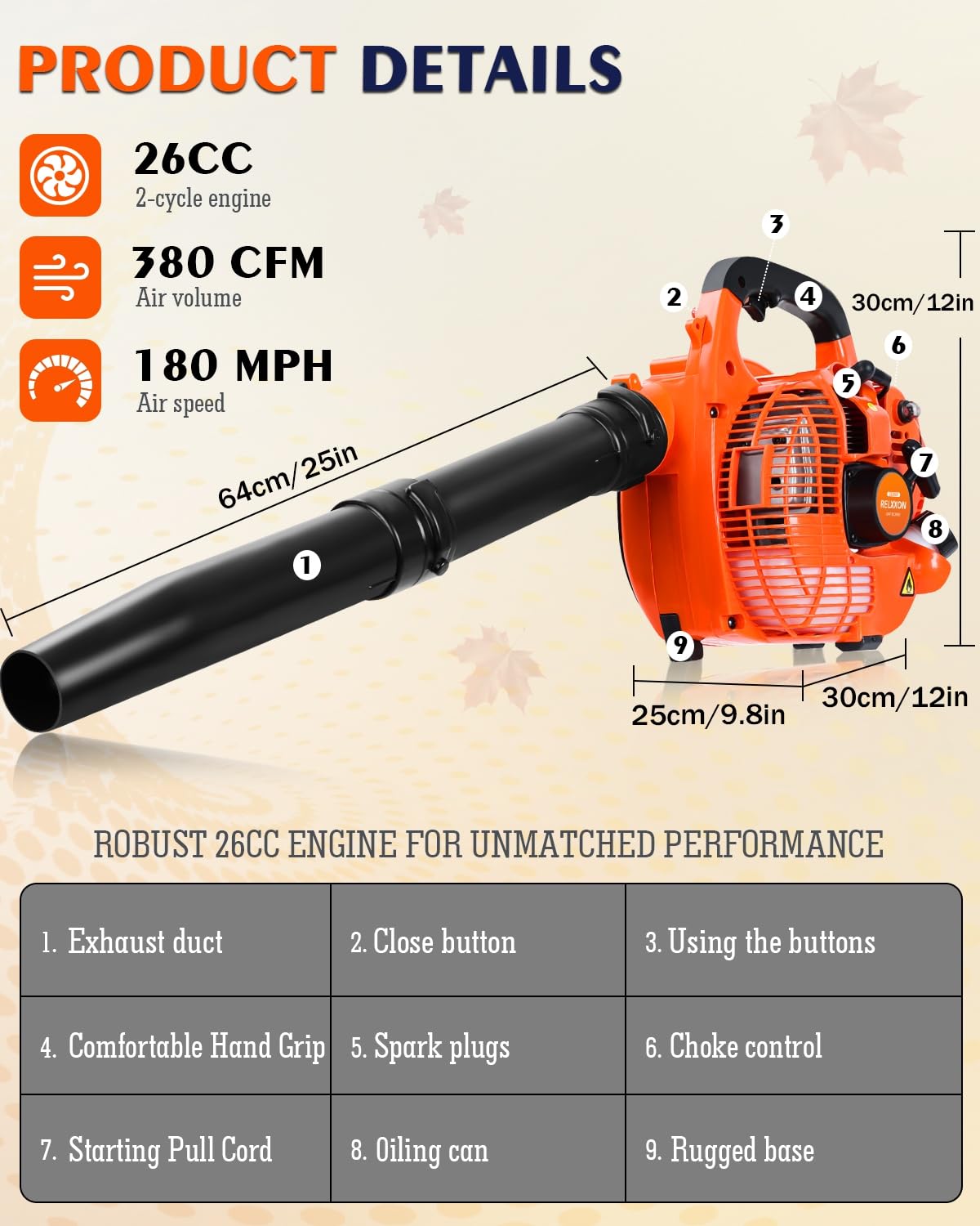 Relxxon Gas Leaf Blower 26cc Handheld, Powerful 2-Cycle Engine, 180 MPH 380 CFM, Lightweight Quick-Start for Lawn Care, Yard Debris & Light Snow (Orange)