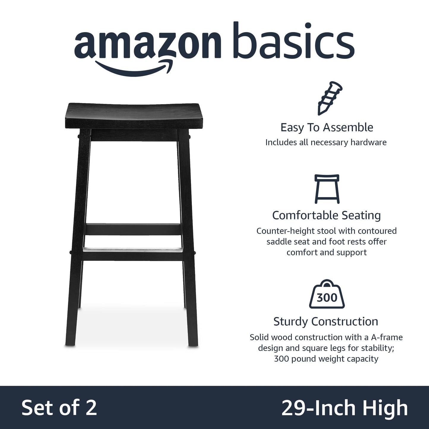 Amazon Basics Solid Wood Saddle-Seat Counter Height Bar Stools for Kitchen Island and Home Bar with Footrest, 29-Inch Height, Black, Set of 2