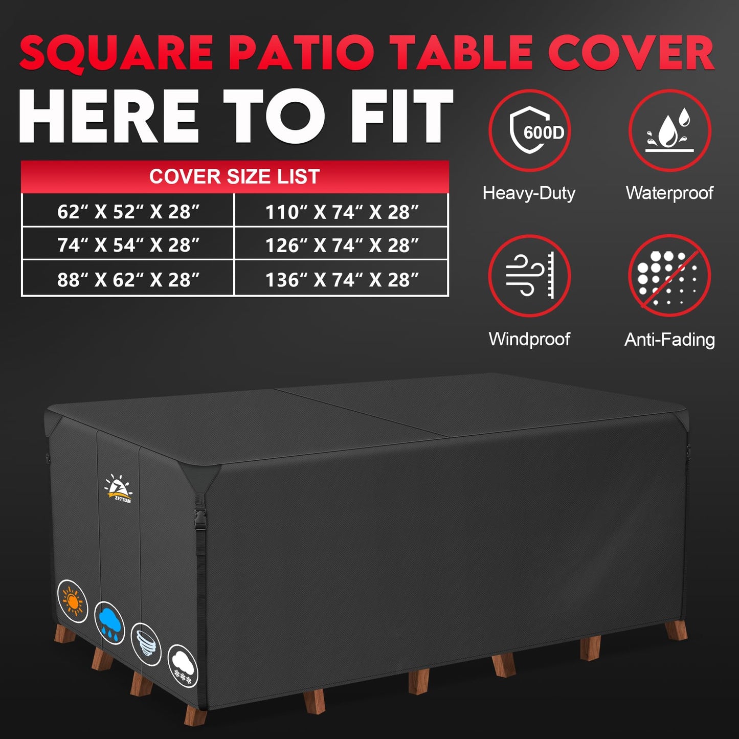 Zettum Patio Furniture Cover Rectangle - 600D Outdoor Table Cover Waterproof & Heavy Duty, Large Lawn Furniture Sofa Set Covers for Outside Dining Table and Chairs Seating Combo - 136 x 74 x 28 Inch