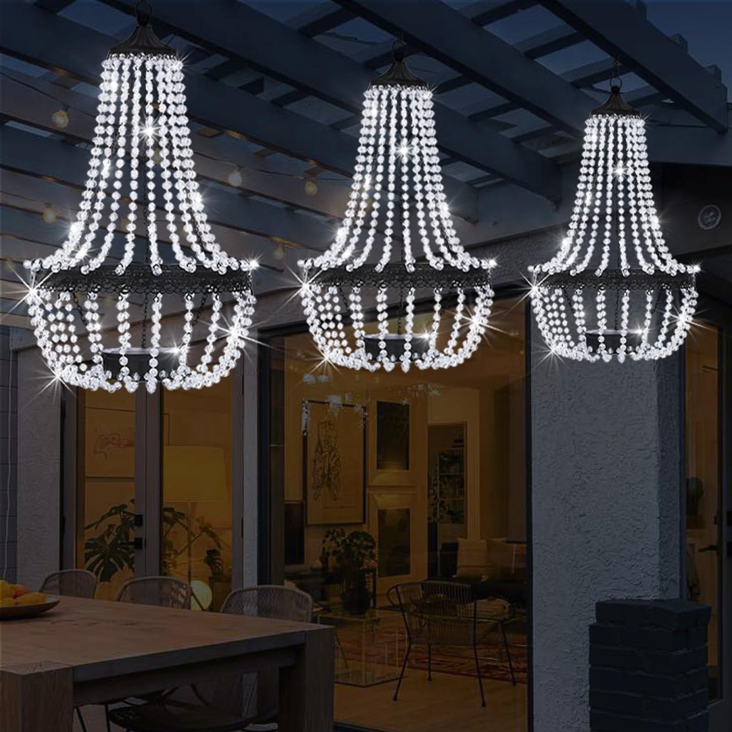 Hanging Solar Chandelier Outdoor Lantern, 30 Cool White Lights Acrylic Clear Beaded Chandelier with S Hooks Modern Lantern for Garden Yard Patio Gazebo Decorations, 28”H