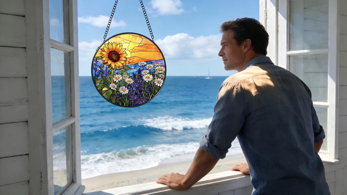 Argodaze Stained Glass Window Hanging - Sunflowers, Daisies, Lavender and Sunset 6.3 Inches Suncatcher for Garden Home Decor for Women Mon Grandma Friends