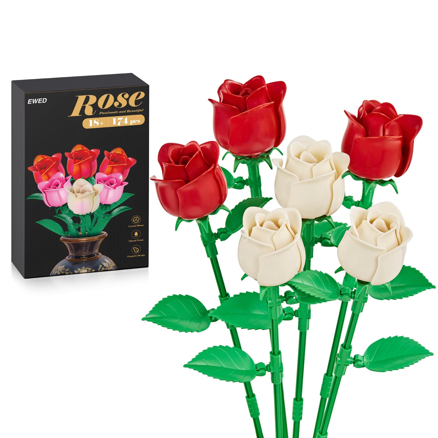EWED Rose Flower Bouquet Building Set: Artificial Flowers Botanical Collection Blocks Kit for Women Girls Wife Adults Home Decor Thanksgiving Christmas Mother's Day Valentine's Gifts 6-Pack