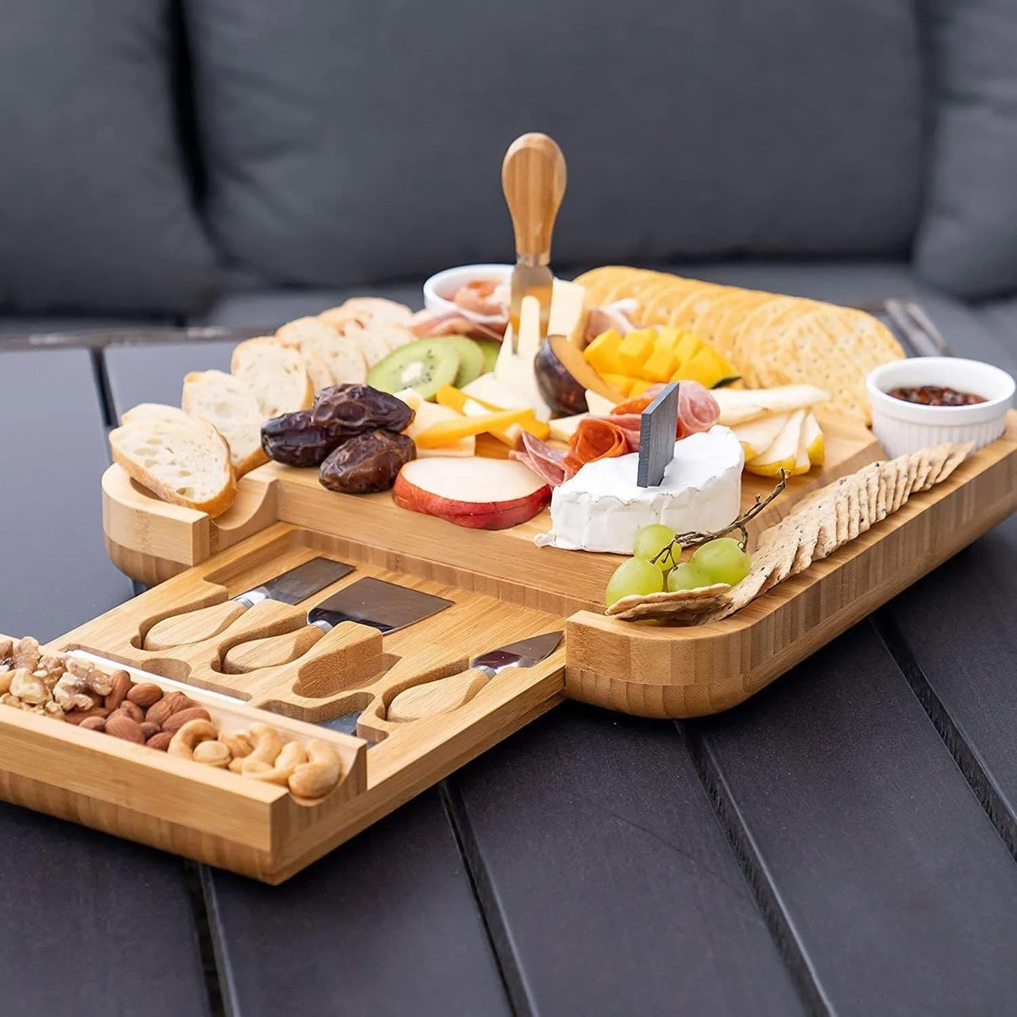 Charcuterie Board Cheese Board Set Portable Serving Platter for Cheese Meat, Fruits & Snacks with 4 Knives, 2 Bowls & Labeling Tool Perfect Housewarming Gifts for Women