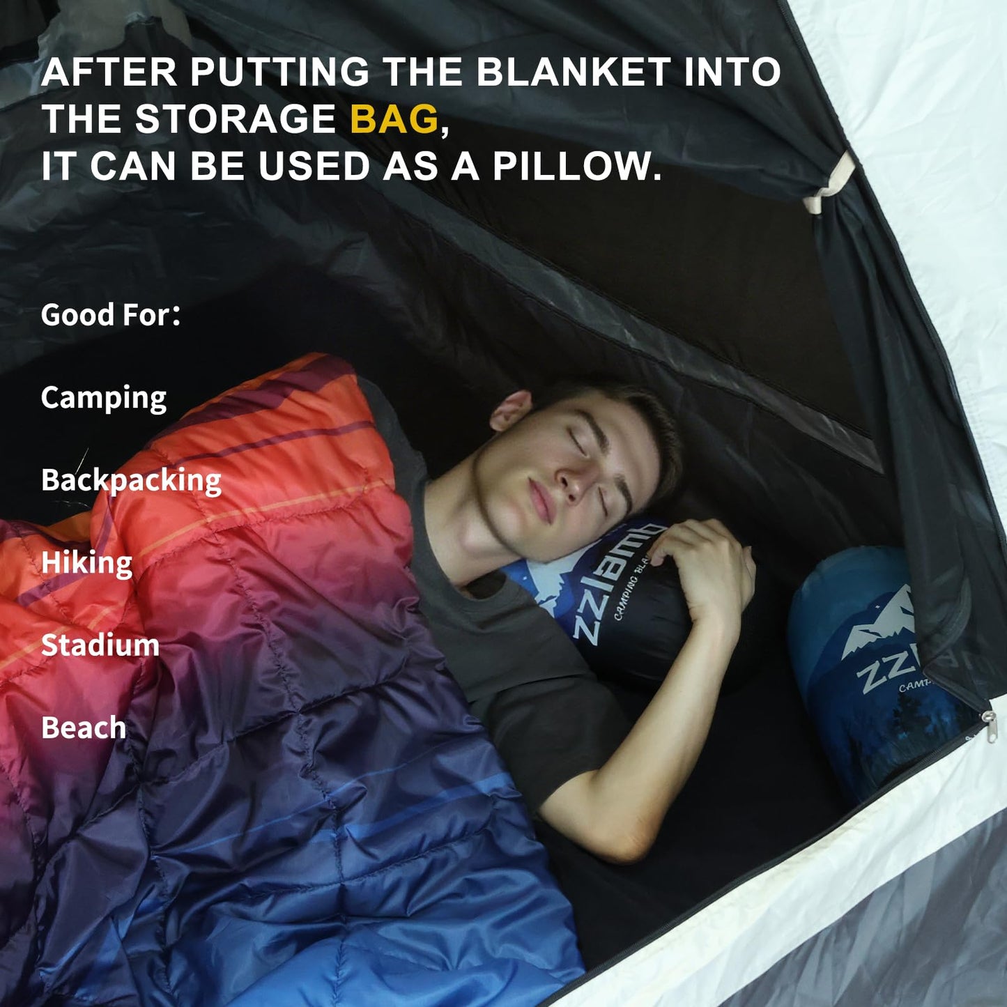 zzlamb Hooded Stadium Camping Blanket,Waterproof Outdoor Blanket Polar Fleece,Warm Windproof Portable for Stadium,Picnic,Sports,Beach,Car,Pets,56x75in Blue Mount Red Sun