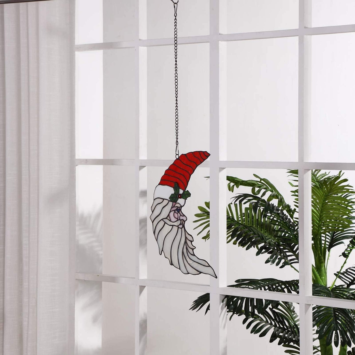 Bieye W10019 Santa Claus Head Moon Tiffany Style Stained Glass Window Panel with Hanging Chain, 11" W x 15" H