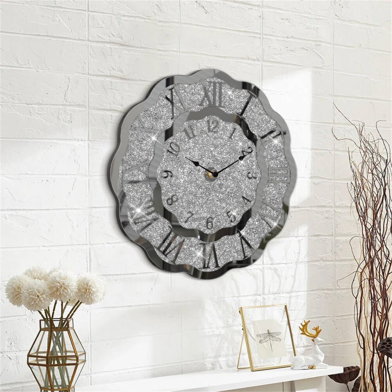 FEUFOAM Crushed Diamond Mirrored Wall Clock Silver Modern Crystal Clocks for Bedroom Unique Home Decorative Glass Mirror Hanging Clock for Living Room Office Dining Decor