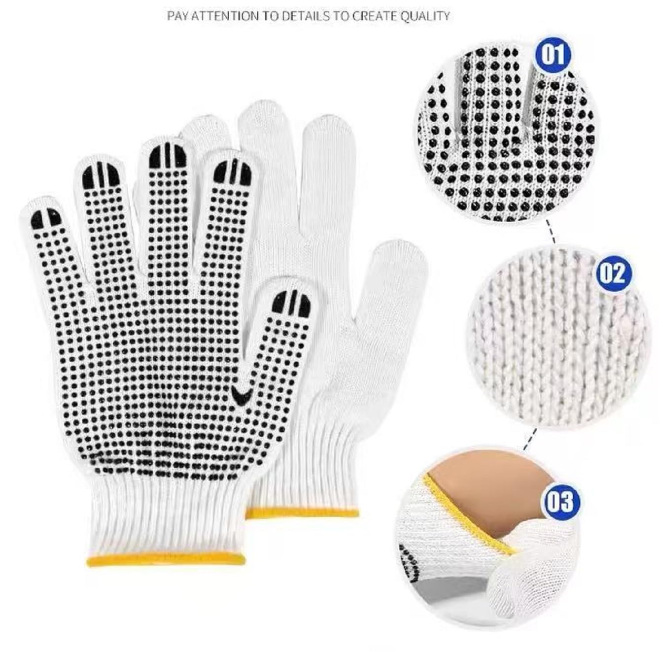 Safety Work Gloves with Anti-slip Dots 12 Pairs White Polyester Knitted Gloves for Garage Warehouse Painter Mechanic Industrial Gardening Construction (Black)