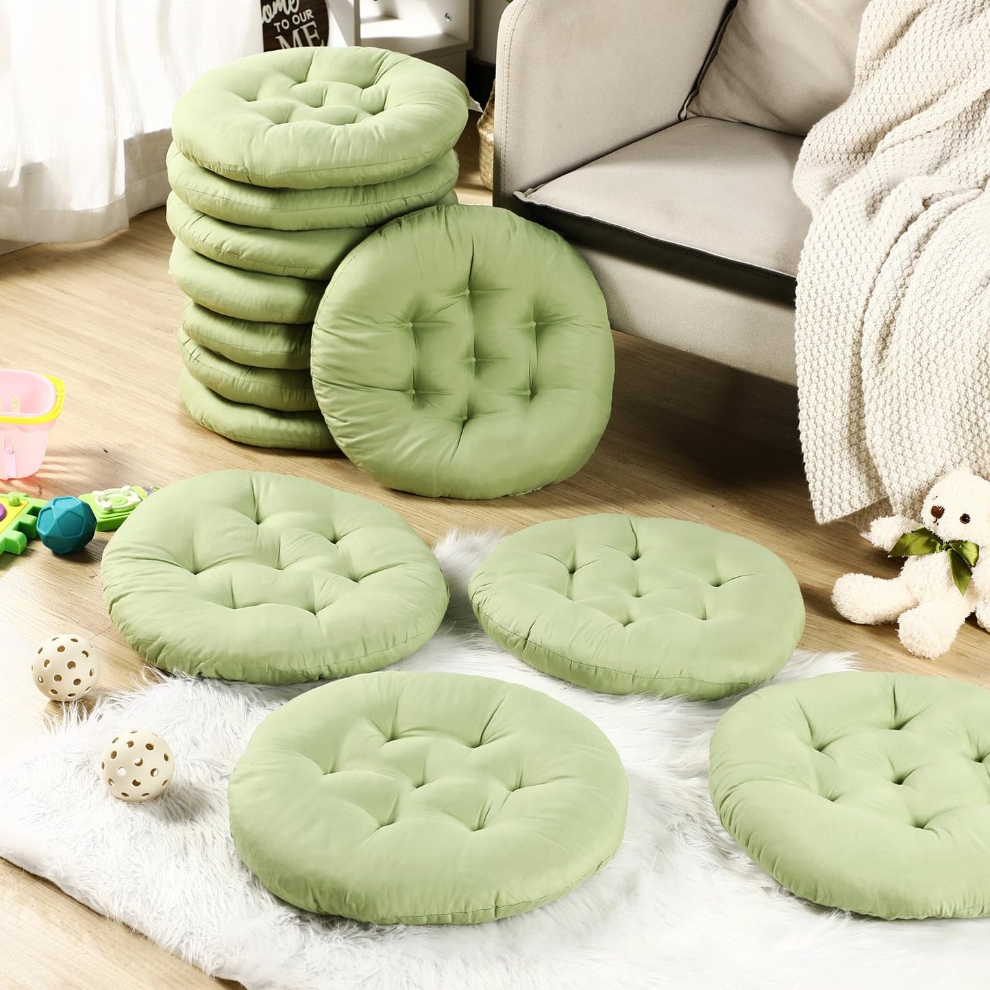 Fumete 12 Pcs Floor Pillows Cushions Seating 16 x 16 Inches Color Round Seat Reading Floor Chair Cushions for Kids Adults Classroom Home School Playing Supplies(Green)