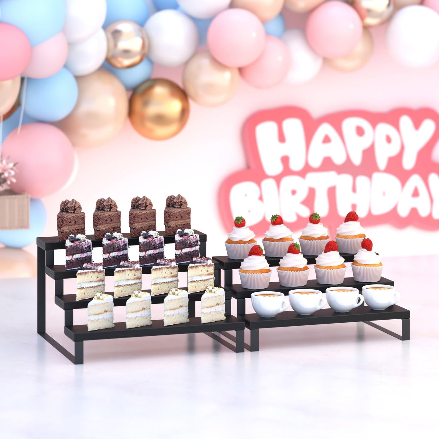 Wood Display Risers, 4 Tier 13.4IN Perfume Organizer Shelf with Metal Legs, Large Wooden Cupcake Stand Holder, Display Shelf Stand for Figures, Party, Makeup, Dessert Shelves for Party, Black