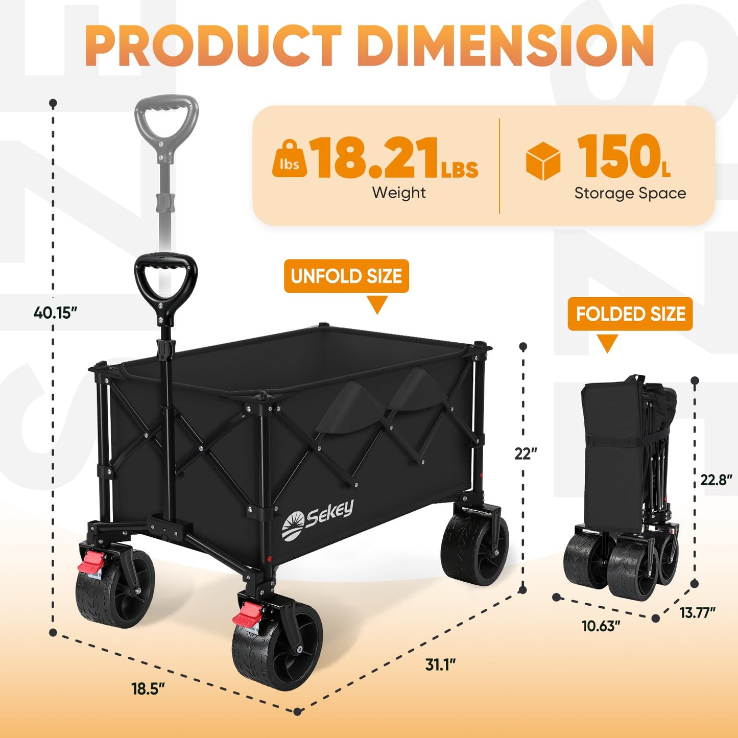 Sekey 150L Wagons Carts Foldable with Big All-Terrian Beach Wheels, Collapsible Heavy DutyWagon, Extra Large Folding Wagon,Foldable Wagon for Camping, Garden, Sports. Black