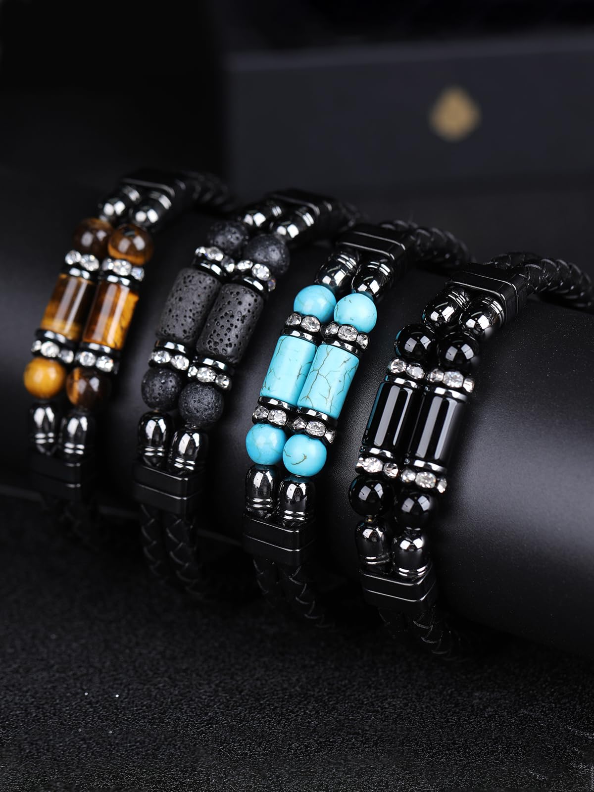 Mrcaois Leather Bracelet Tiger Eye Stone Braided Woven Multi‑Layer Wristband Cuff Bracelets Steel Clasp Bangle for Men Gifts