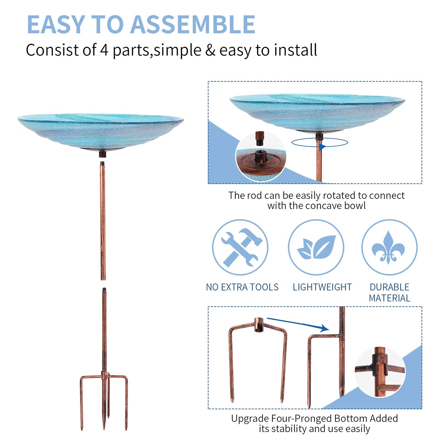 VCUTEKA Outdoor BirdBath Glass Bird Bath Garden Bird Feeder with Metal Stake