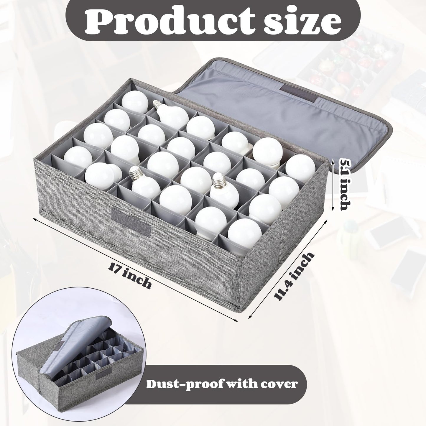 Acellegic 1 Pcs Light Bulb Organizer Storage Box Ornament Storage with 30 Dividers Foldable Bulbs Organizer with Lid Sturdy PP Board Fits Various Standard Dustproof Fabric Case for Home Vbs (Grey)