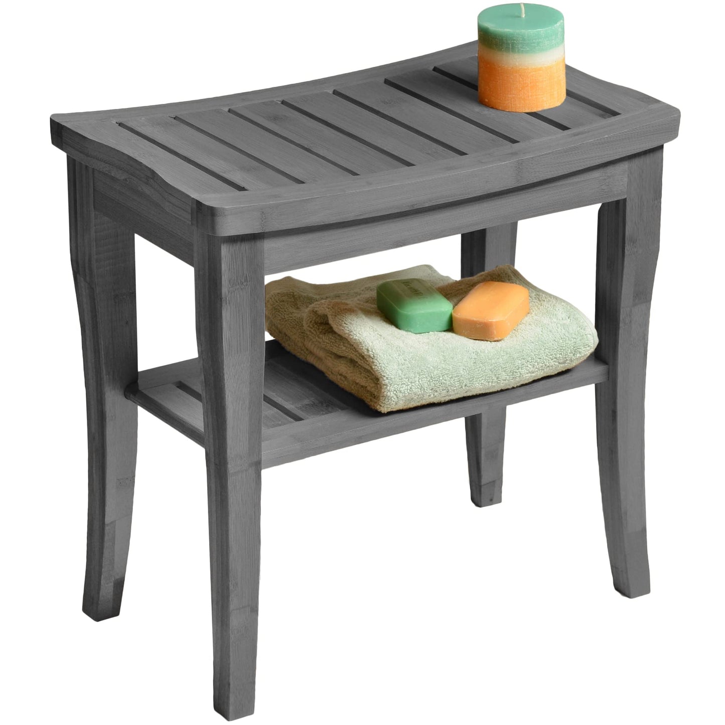 Grey Shower Bench - Small Wooden Shower Stool with Storage Shelf, Non-Slip Bathroom Seat, Spa Decor Bath Bench, Foot Rest Shaving Stool for Shower, Indoor Outdoor Use, Great Gift Idea (17" x 9 x 17)