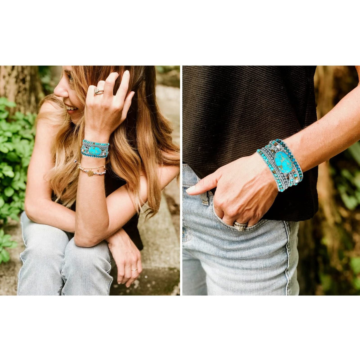 Plumiss Boho Wrap Bracelets Natural Turquoise Stone Crystal Bead Wrap Bracelet for Women Men