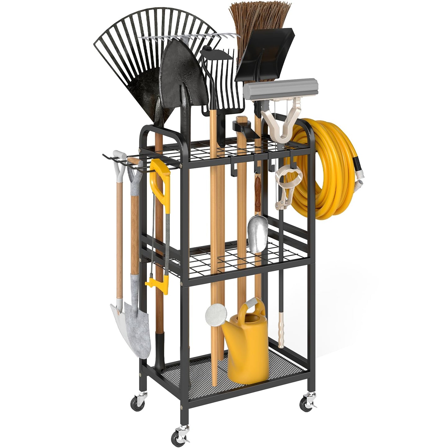 Hadulcet Garden Tool Organizer, Metal Garage Organization and Storage with Lockable Wheels, Garden Tool Rack with Storage Hooks, Heavy Duty Yard Tool Organizer for Garage, Shed, Lawn, Outdoor, Black