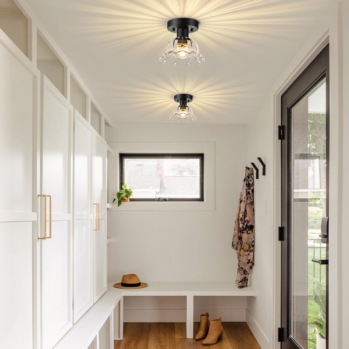 Kvhiiw 2 Pack Black Modern Ceiling Light, Small Kitchen Light Fixtures, Glass Semi Flush Mount Ceiling Light for Hallway, Foyer, Entryway, Laundry Room (7 in)