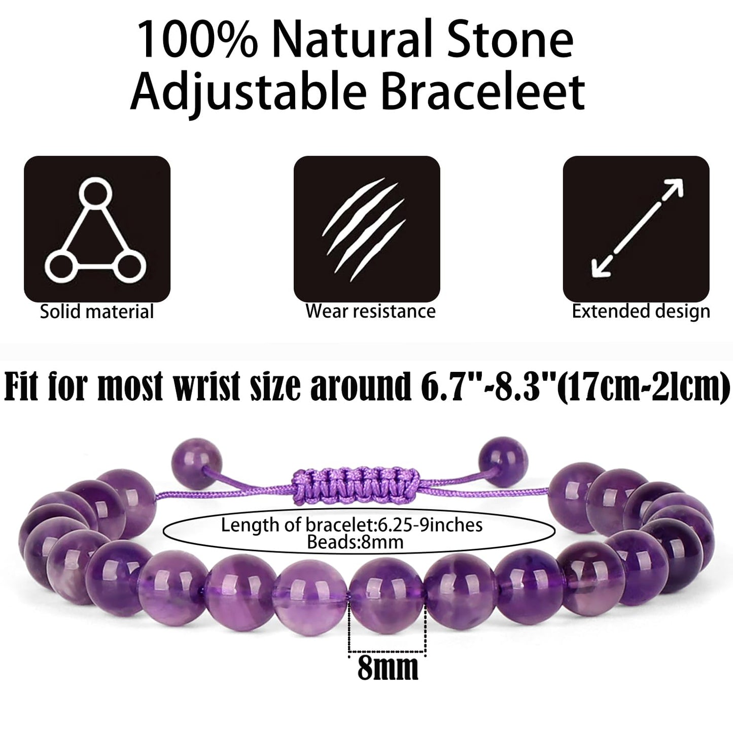 QOGIR Handmade Healing Stones Bracelets,8mm Natural Amethyst Beaded Bracelets,for Men Women Gifts with 2PCS Size Adjustable Rope Bracelets