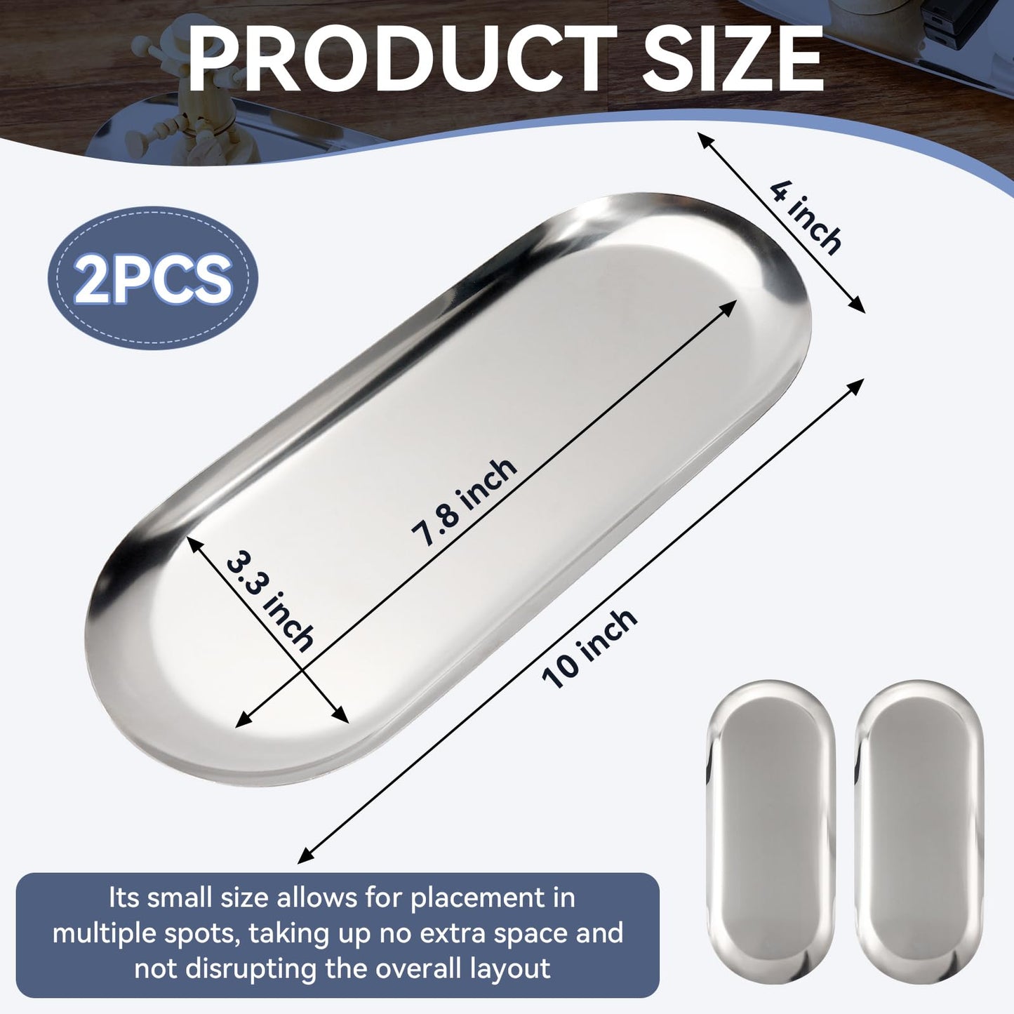 2PACK Silver Decorative Tray,Oval Stainless Steel Trays, Decorative Tray for Jewelry Dish Cosmetics Organizer Bathroom Clutter Serving Platter (Silver, 10 in)