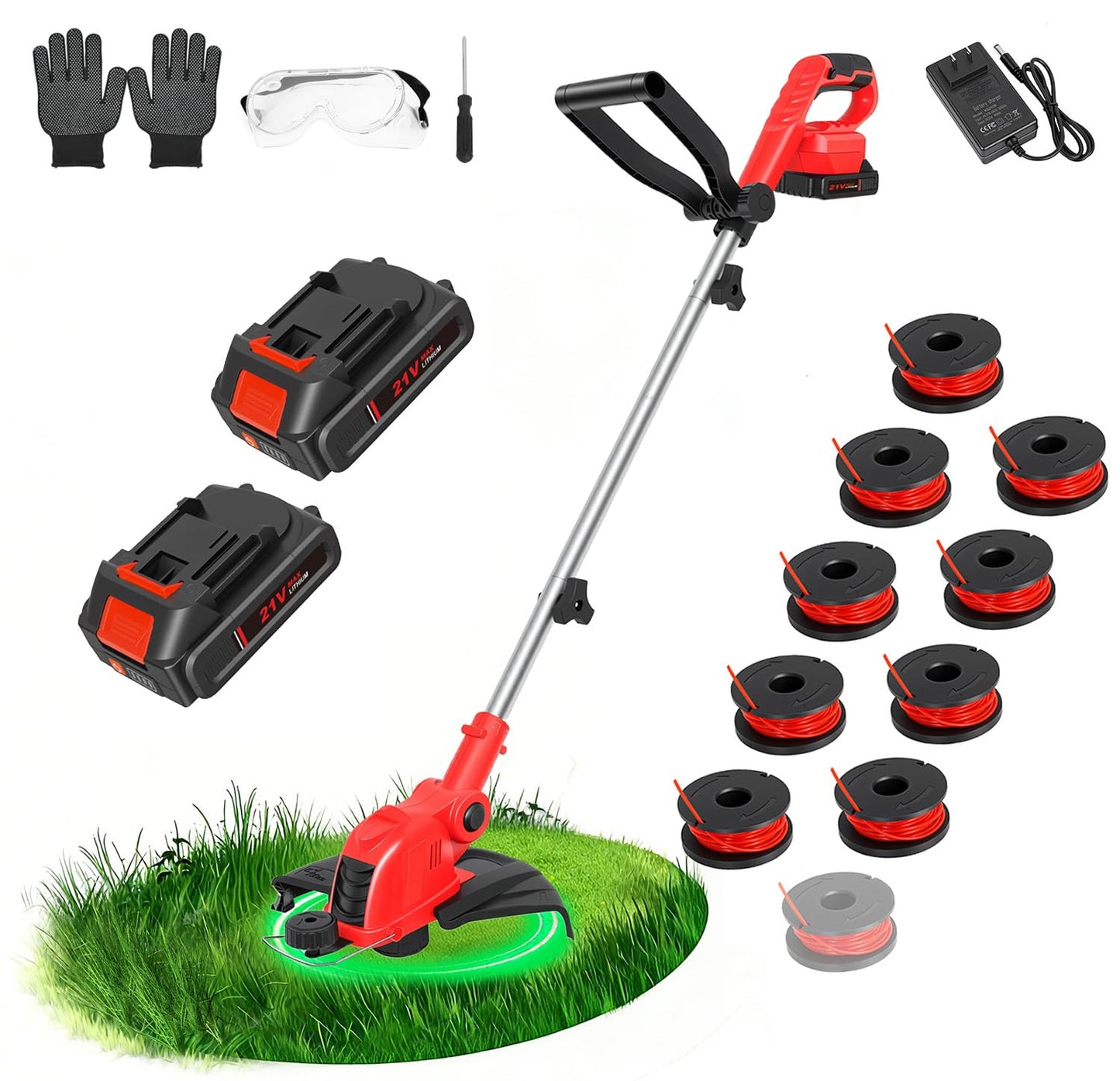 ALSO GO 21V Cordless String Trimmer, 2 * 2.5Ah Battery with Fast Charger, 12'' Weed Wacker with Auto Line Feed, 2-in-1 Weed Eater Battery Powered & Edger Lawn Tool with 10 Lines for Yard & Garden