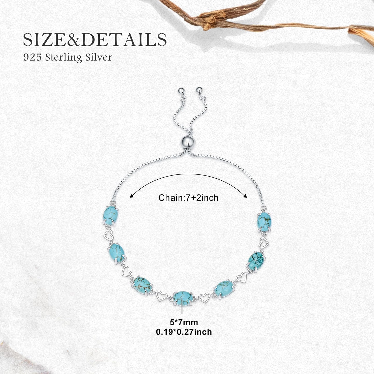 BETHZA Turquoise Link Bracelet 925 Sterling Silver Oval 6x8mm Genuine Turquoise Gemstone Adjustable Bracelets Jewelry for Women