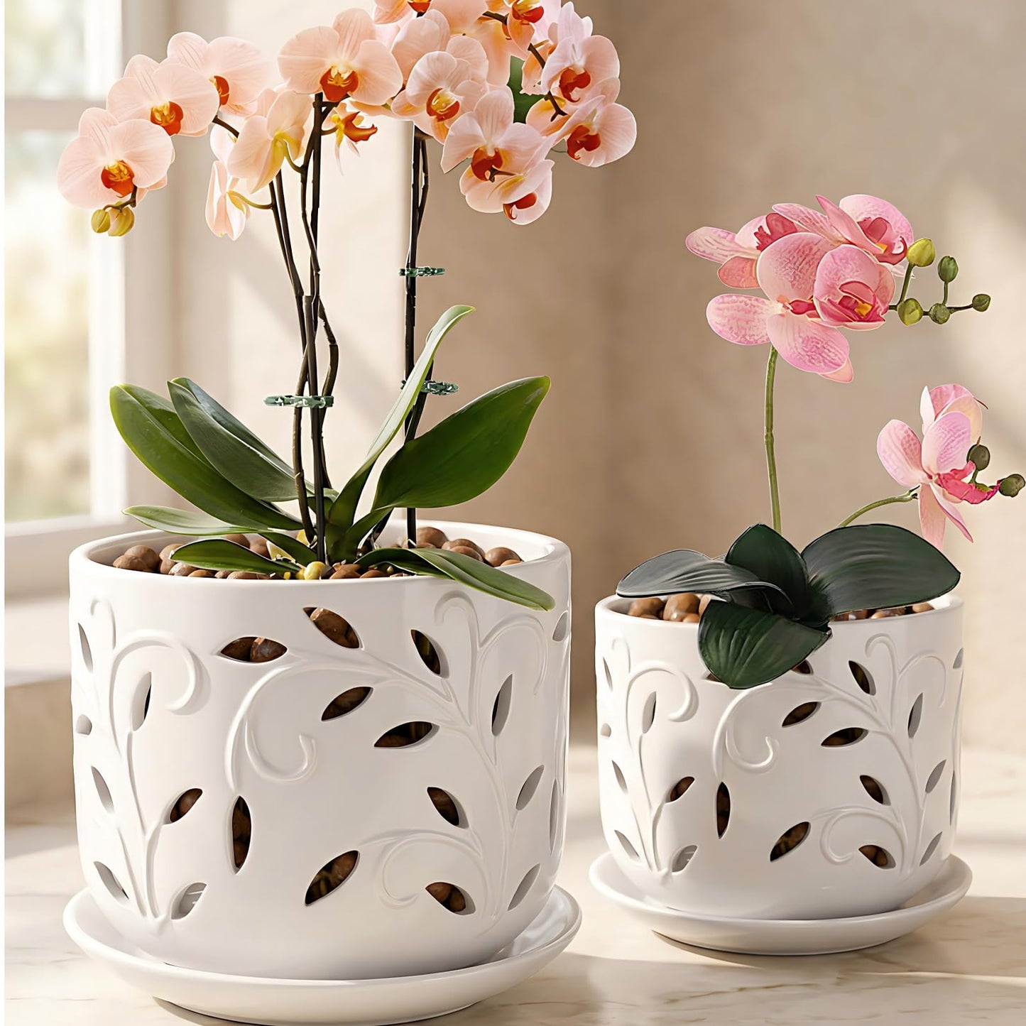 EFISPSS Ceramic Orchid Pots 5+6 Inch White with Drainage Holes & Tray, Breathable Airflow, Indoor & Outdoor
