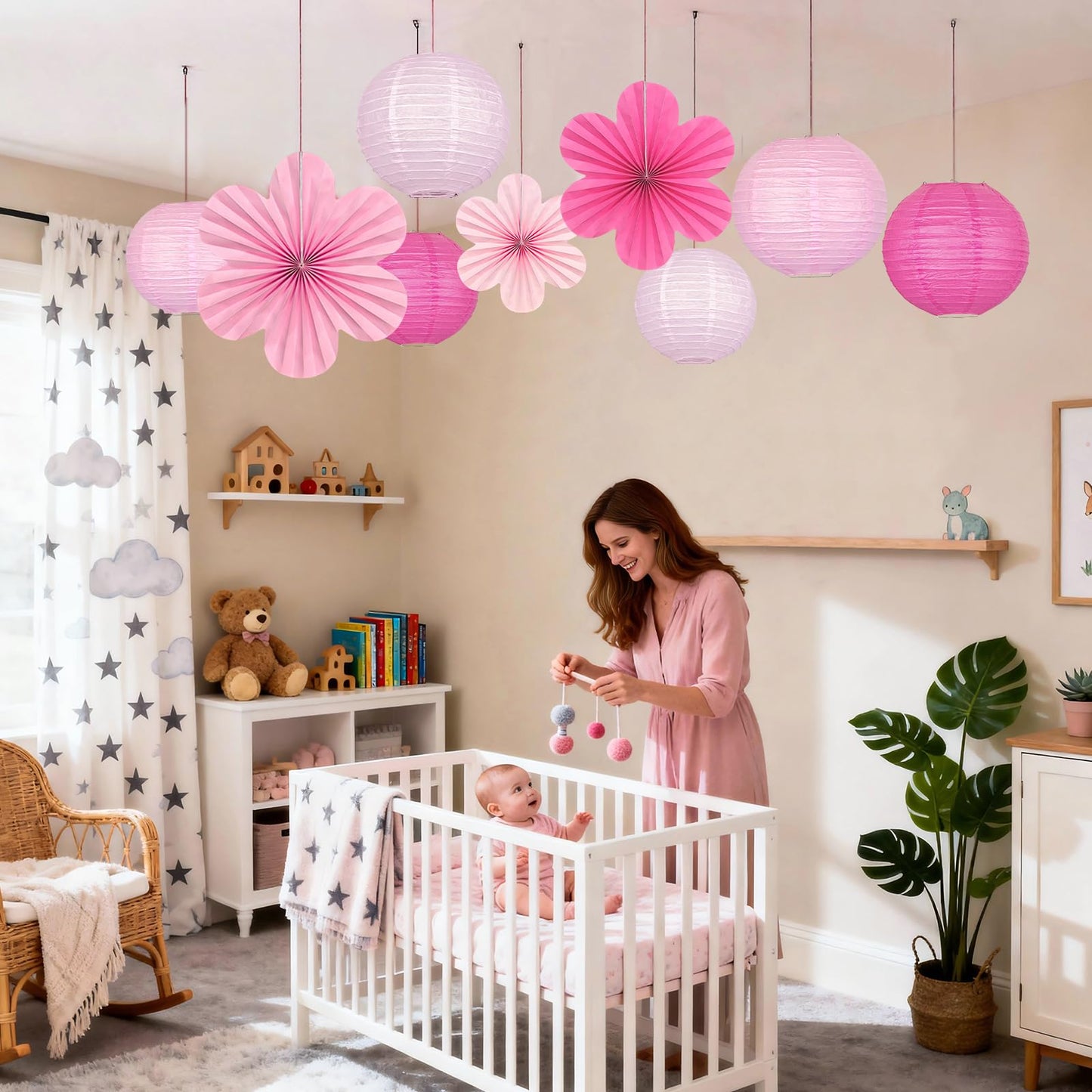 Pink Party Decorations, 18Pcs Hot Pink Hanging Paper Lanterns & Flower Fans 8"-14" for Girls Birthday, Bridal Shower, Wedding, Bachelorette, Girls Night, Graduation Party Decor
