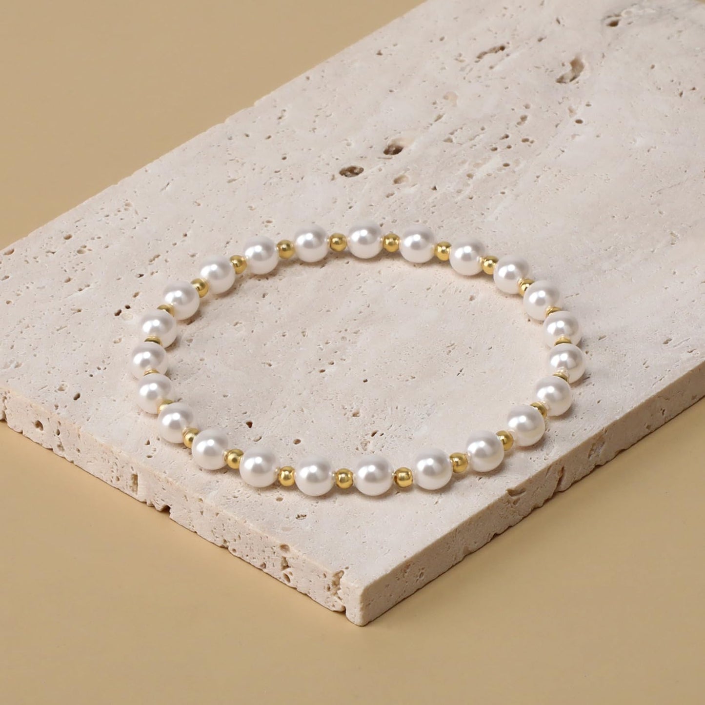 QOGIR Imitation Pearl - 14K Gold Plated Beads Gemstone Stretch Elastic Dainty Handmade Beaded Bracelets for Women Gifts 6mm