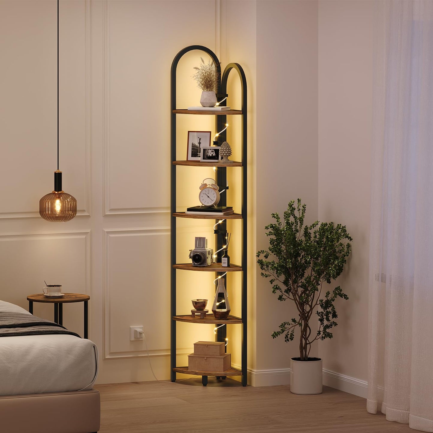 MAHANCRIS 6 Tier Corner Shelf with LED Light, 74.6'' Tall Corner Bookshelf Stand, Narrow Display Bookcase with Storage Rack for Wall Corner, Living Room, Bedroom, Small Spaces, Rustic Brown CSHR66101
