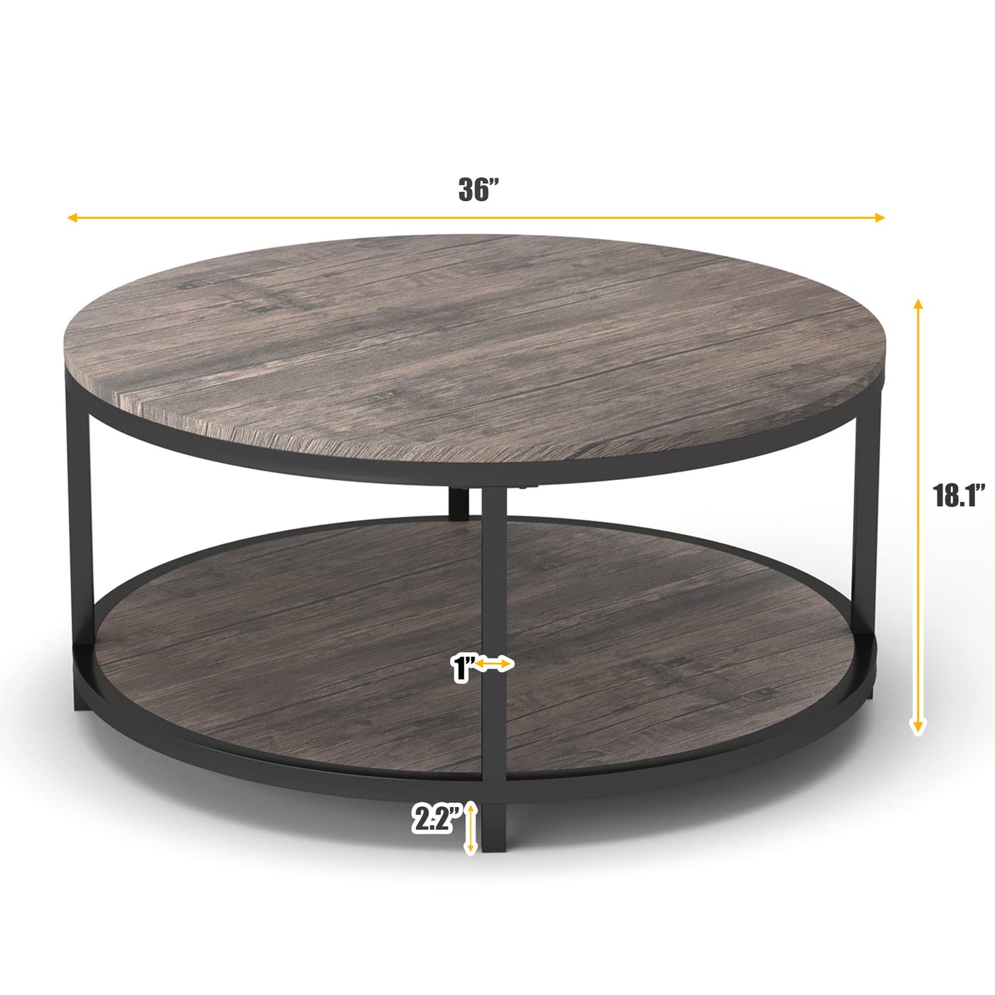 NSdirect Round Coffee Table,36" Coffee Table for Living Room,2-Tier Rustic Wood Desktop with Storage Shelf Modern Design Home Furniture(Light Walnut)