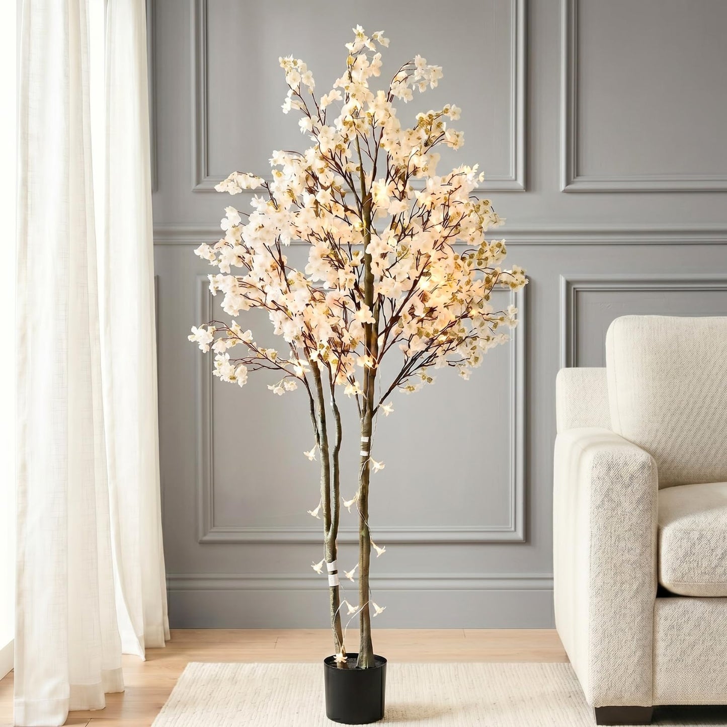 Artificial Cherry Blossom Tree with Lights 6ft Tall, White Faux Cherry Blossom Tree Indoor with LED String Lights, Japanese Sakura Tree for Living Room Office Home Decor
