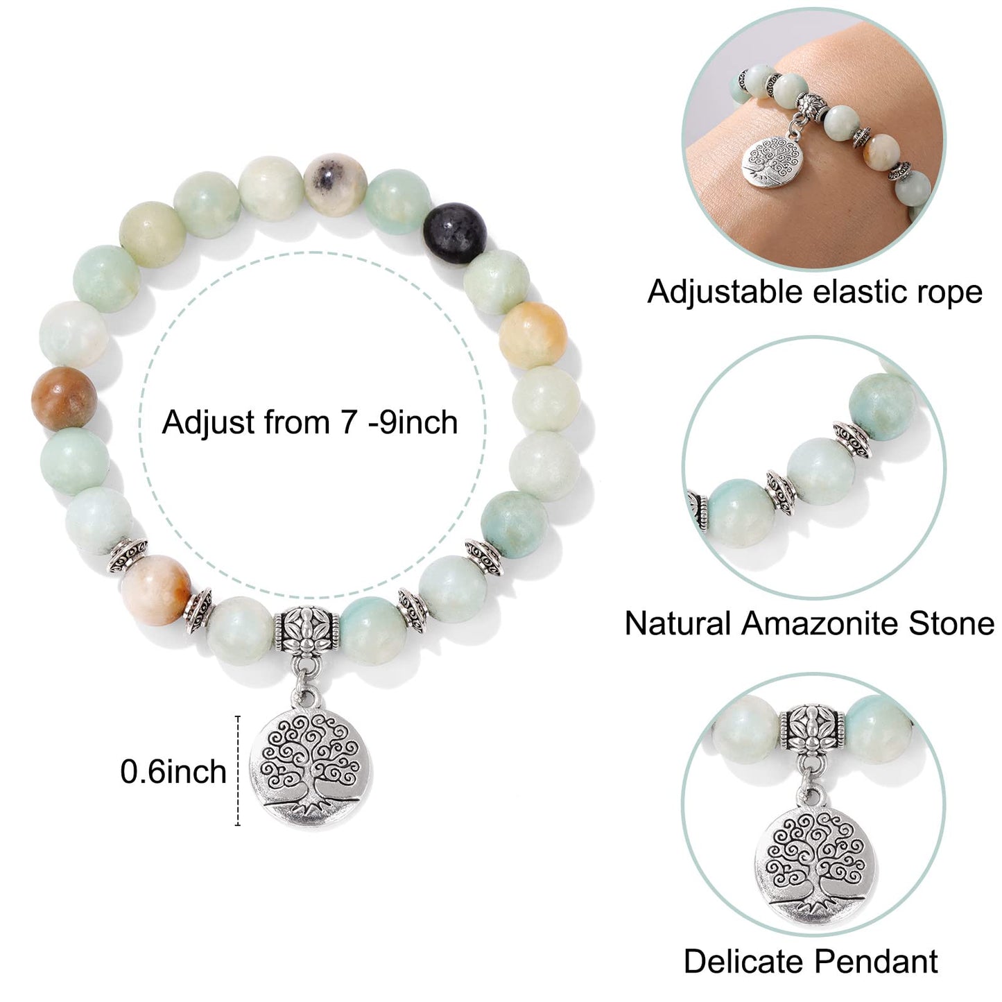 GolbalJew Healing Bracelet For Women Anxiety Amazonite Beaded Bracelets Jewelry Healing Stone Tree of Life Pendant Bracelet Stress Relief Yoga Beads Chakra Bracelets Gifts For Women
