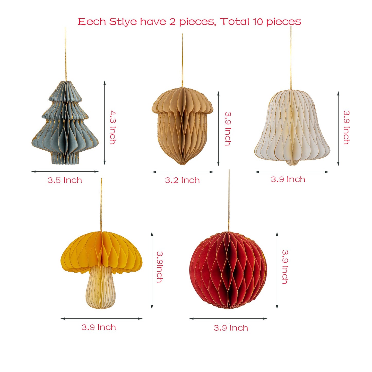 10 PCS Christmas Hanging Ornaments 3D Honeycomb Paper for Christmas, Party Decorations - Includes Mini Trees, Mushrooms, Acorns, Bells, Balls - Perfect All Season Creative DIY Items