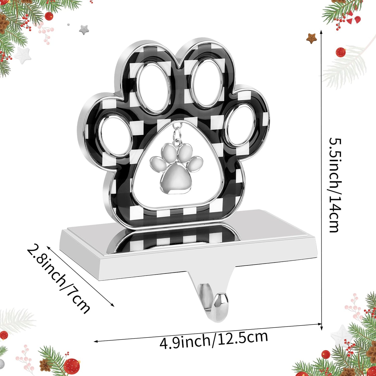 Abilat Dog Paw Christmas Stocking Holder, 3D Silver Metal Stocking Holder with Pendant Black Buffalo Plaid Pet Stocking Hangers for Mantle Fireplace Table Christmas Decoration (Black and White)