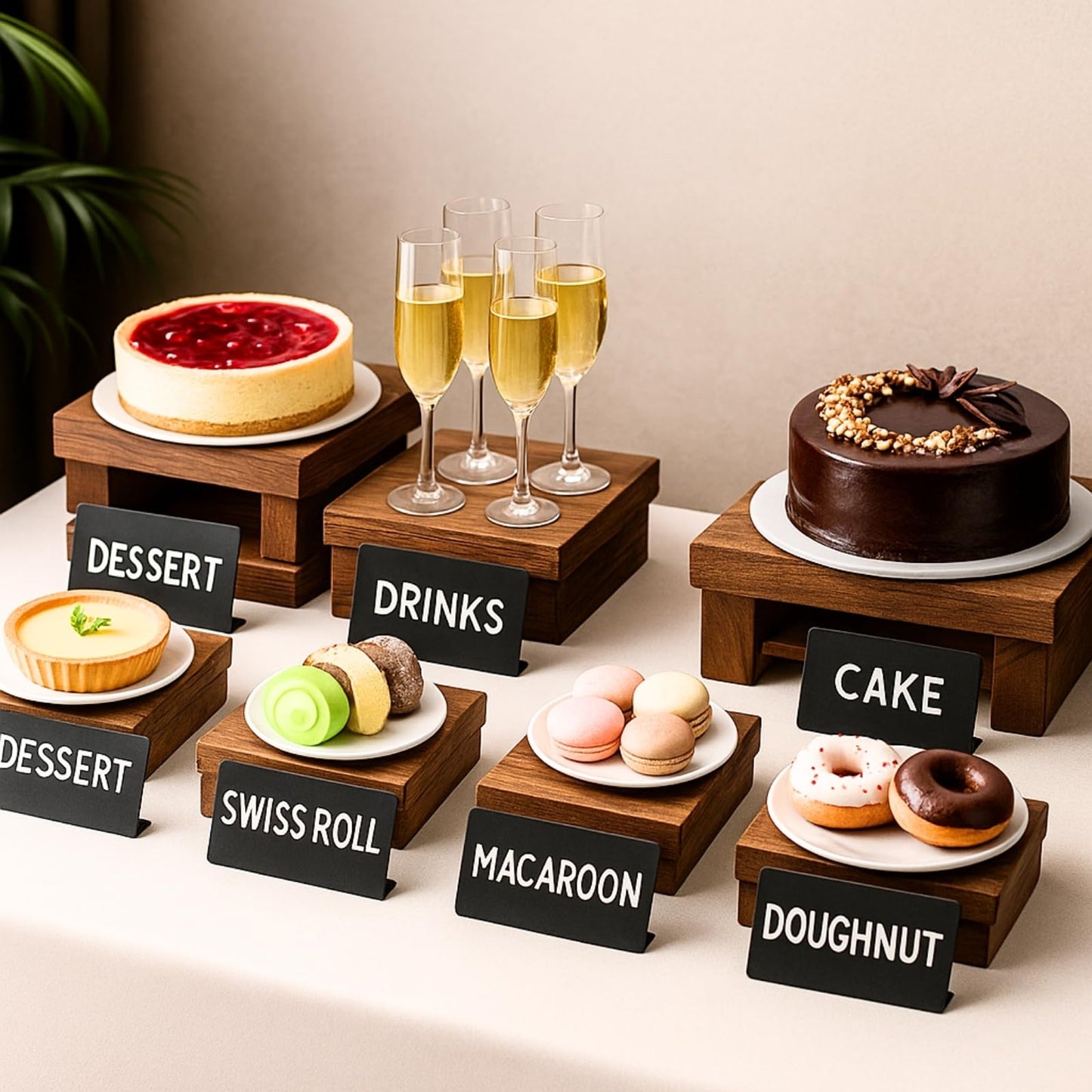 Merrifete 8PCS Wooden Buffet Risers and Stands with Reusable Table Signs, stackable Cube Rustic Wood Food Risers for Buffet Display, Cupcake Holder, Cupcake Stand, Dessert Table Display Set, 8PCS