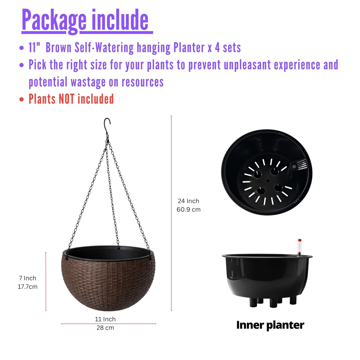 LaLaGreen Hanging Planters for Indoor Plants (11 Inch, 4 Pack) Brown Rattan Style Self-Watering Flower Pots with Water Level Indicator, Round Plastic Baskets with Metal Chain for Balcony, Porch Garden
