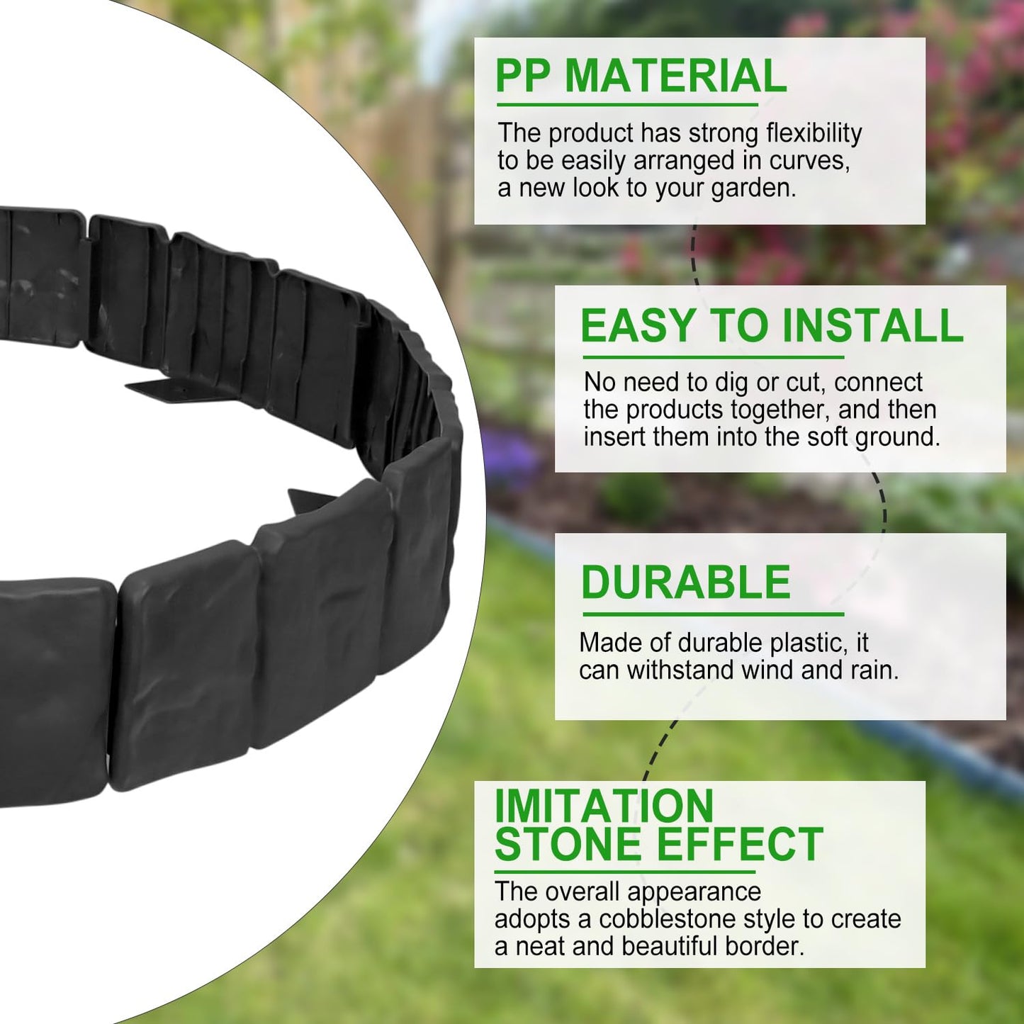 Garden Edging Border NO DIG, with Landscape Edging Anchoring Spikes, Black Stone Effect Plastic Lawn Edging Fencing, Interlocking Yard Lawn Edging for Flower Bed | 32 Ft | 40Pcs | Black |