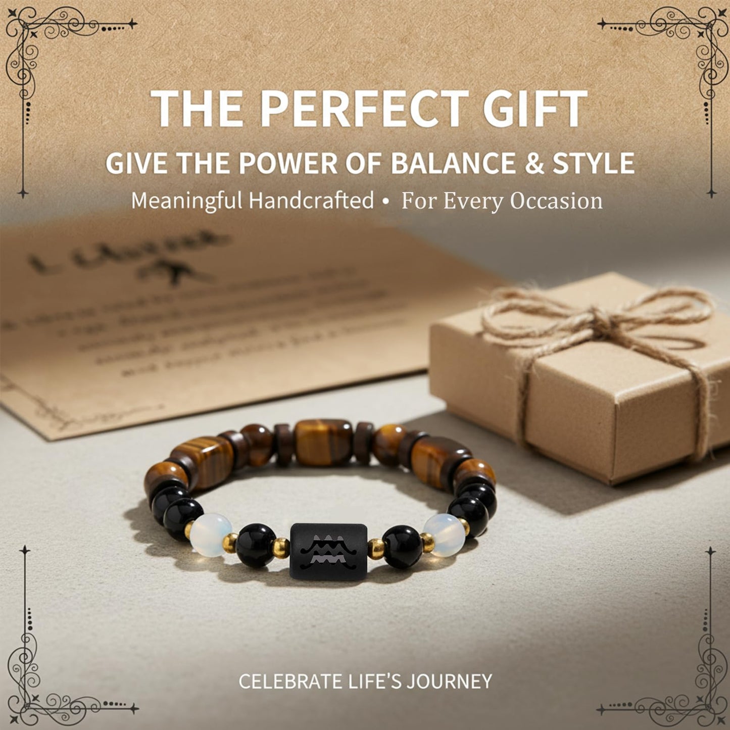 Zodiac Aquarius Black Obsidian And Opal Bracelets for Women Men-8mm Tiger Eye Beads Healing Crystals Mens Jewelry Anxiety Relief Bracelets for Valentine's Day Mother's Day Christmas Birthday Gifts