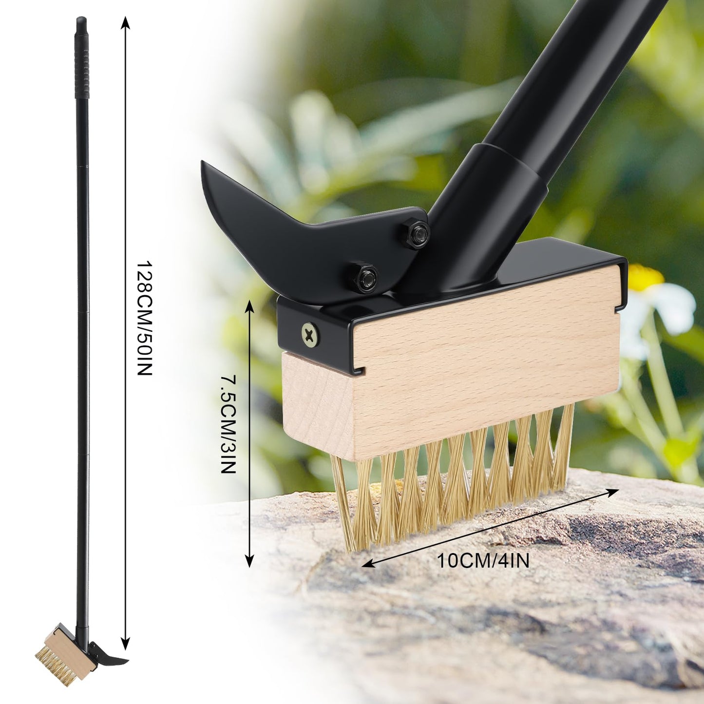 Mitclear Weed Moss Remover Brush with Long Handle(50IN), Crack Weeder Moss Removal Tool with Wire Brush & Scraper, Weed Puller Crevice Cleaning, Remove Weeds on Roof Deck Driveway Paver(4 Brushes)