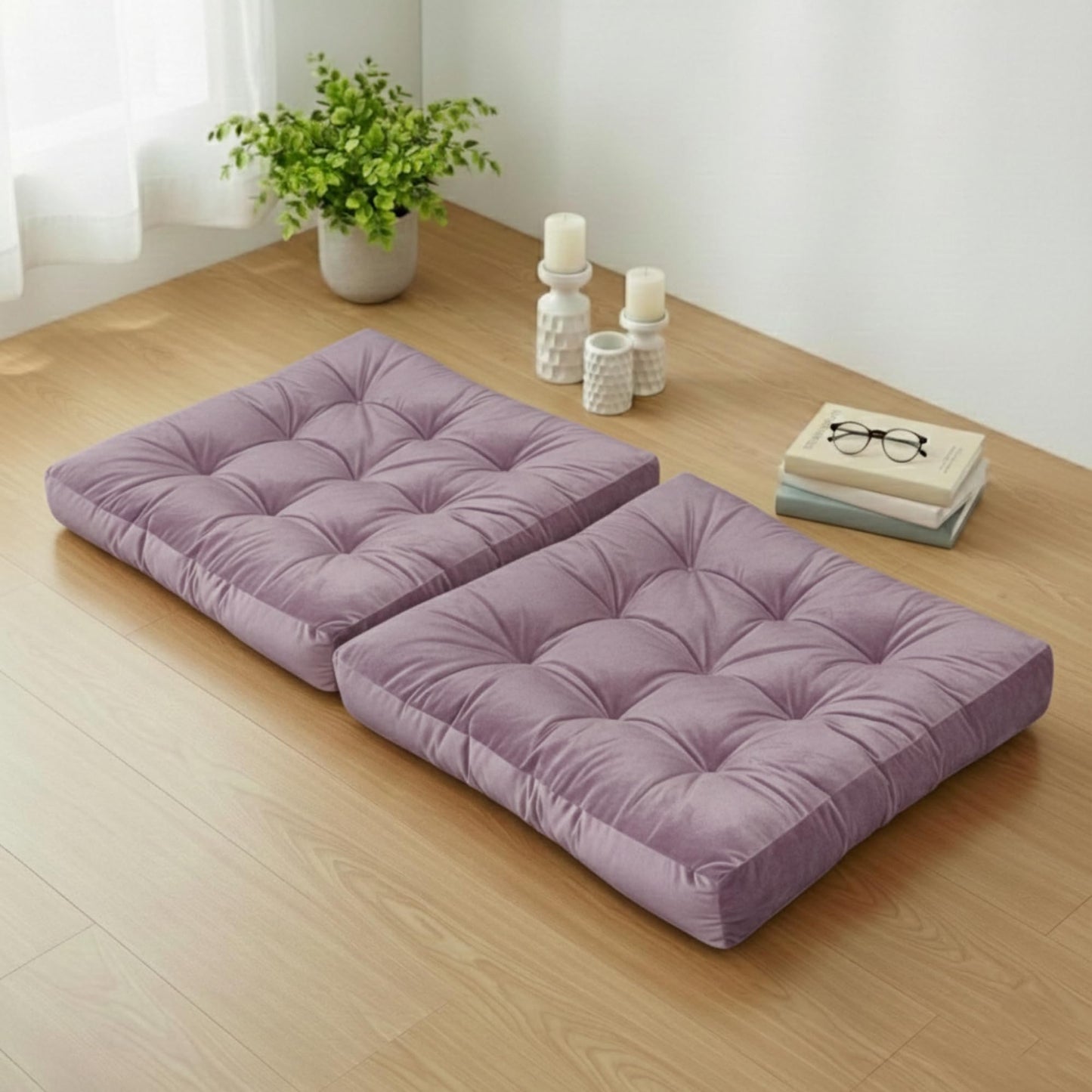 Meditation Cushion Set of 2, Floor Cushions for Adults, Velvet Floor Pillows for Sitting, Tufted Seat Cushions for Yoga, Living Room, Bedroom & Reading Nook, Machine Washable, 22 x 22 Inch, Lavender