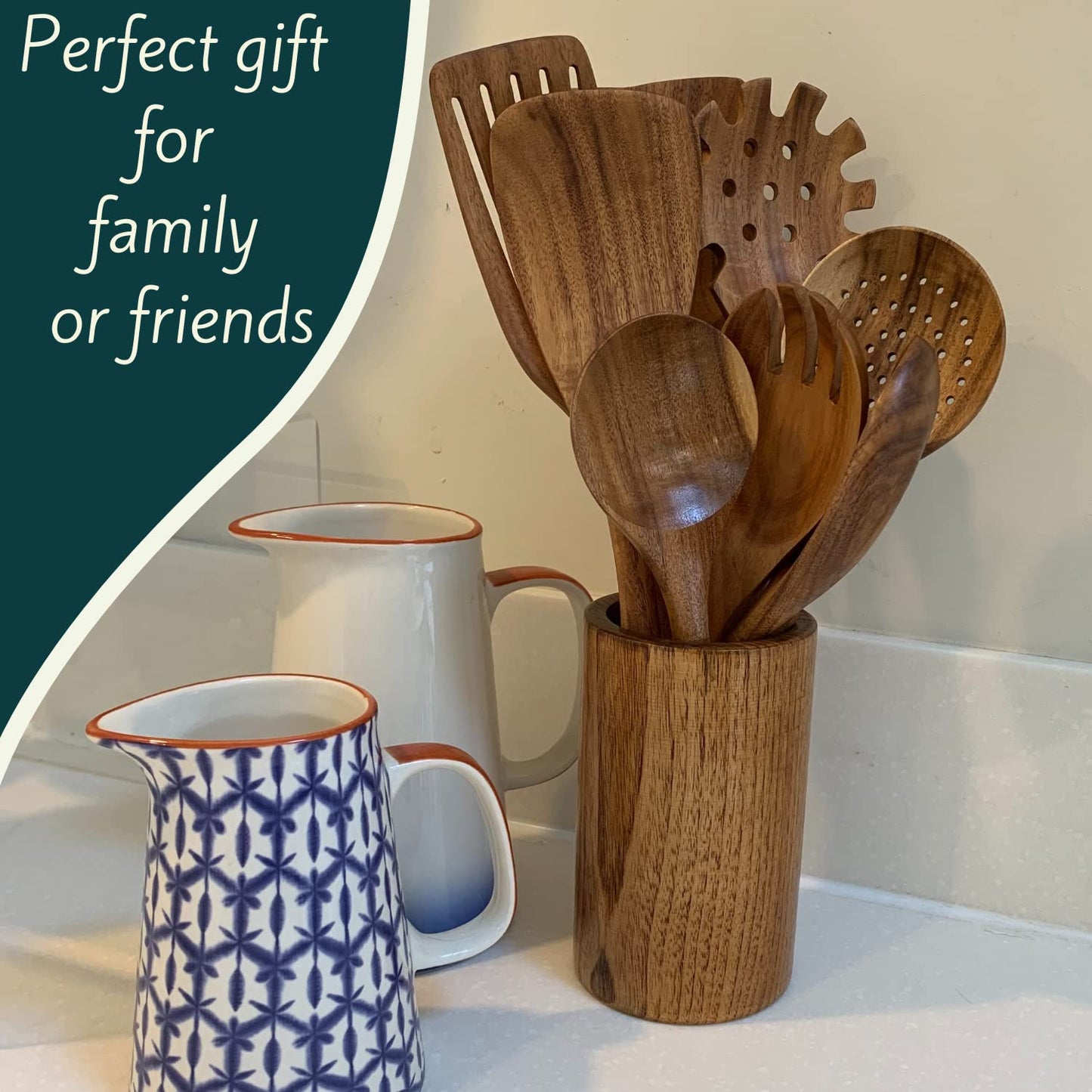 BaraBara Kitchen Utensils Set, Wooden Holder, Spoon Rest and Hooks, Kitchen Wooden Utensils, 100% Natural Teak Wooden Kitchen Utensil