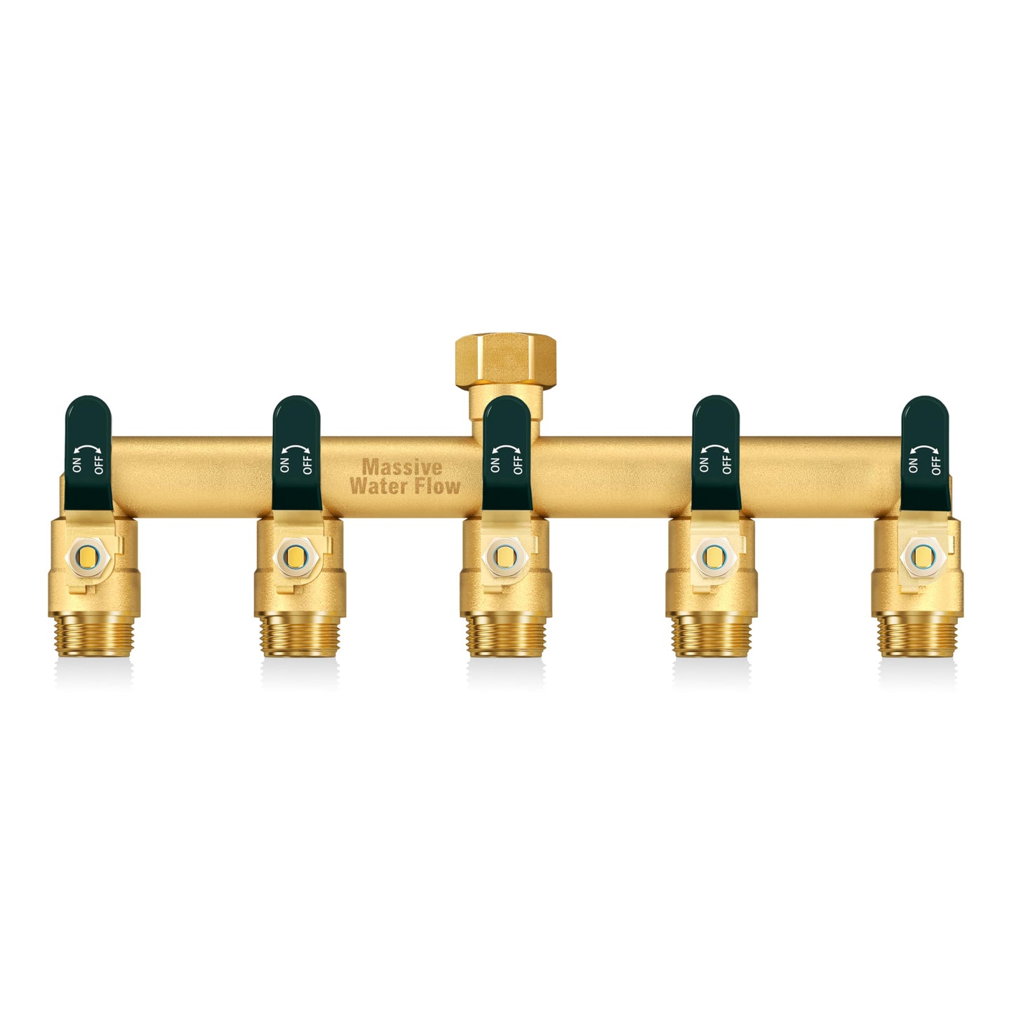 5 Way Hose Splitter, Heavy Duty Full Flow Garden Hose Splitter with 5 Large Metal Handles, Brass Water Hose Bib Splitter, T Adapter Connector with 3/4 - Inch GHT Thread (Green)