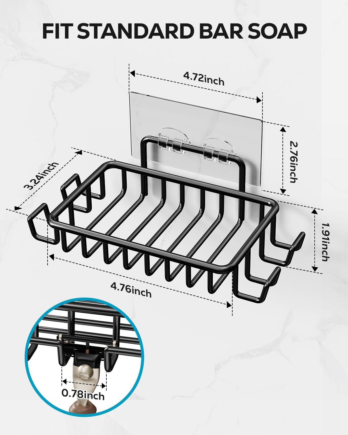 Nieifi Soap Dish Holder with 4 Hooks Stainless Steel Black Adhesive for Shower, Bathroom