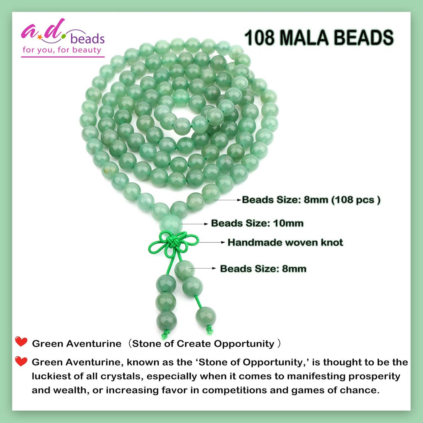 AD Beads 8mm 108 Prayer Mala Green Aventurine Elastic Bracelet - Create Opportunity - Handmade Yoga Meditation Healing Power Energy Gifts for Unisex Adult.